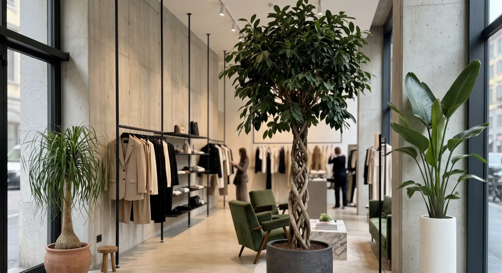 Showroom moda — Retail — Centro città. Ficus modellato a spirale come punto focale dell'ingresso.