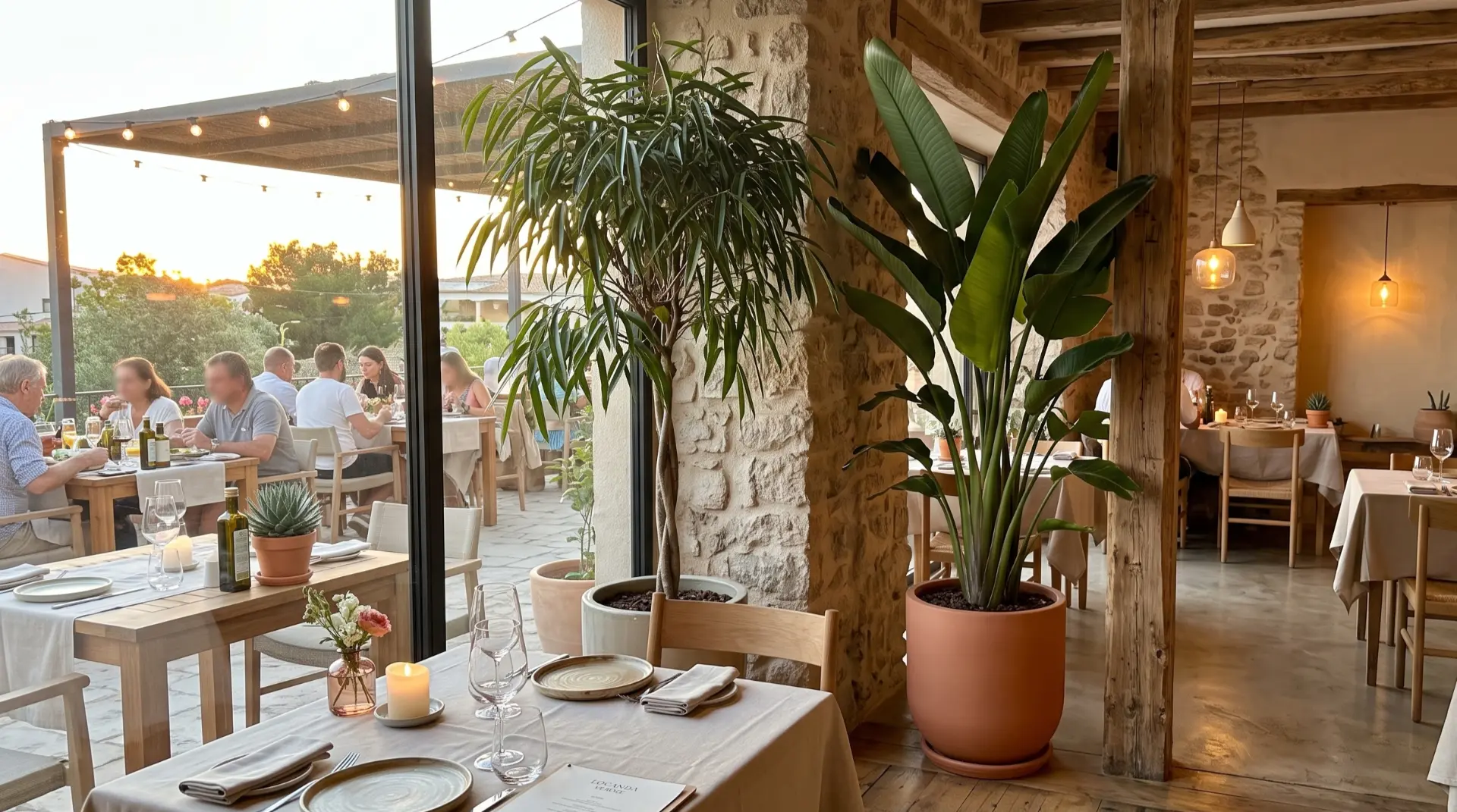 Locanda contemporanea — Sala e terrazza — Puglia. Grandi esemplari tra pietra e legno, con composizioni da tavolo.